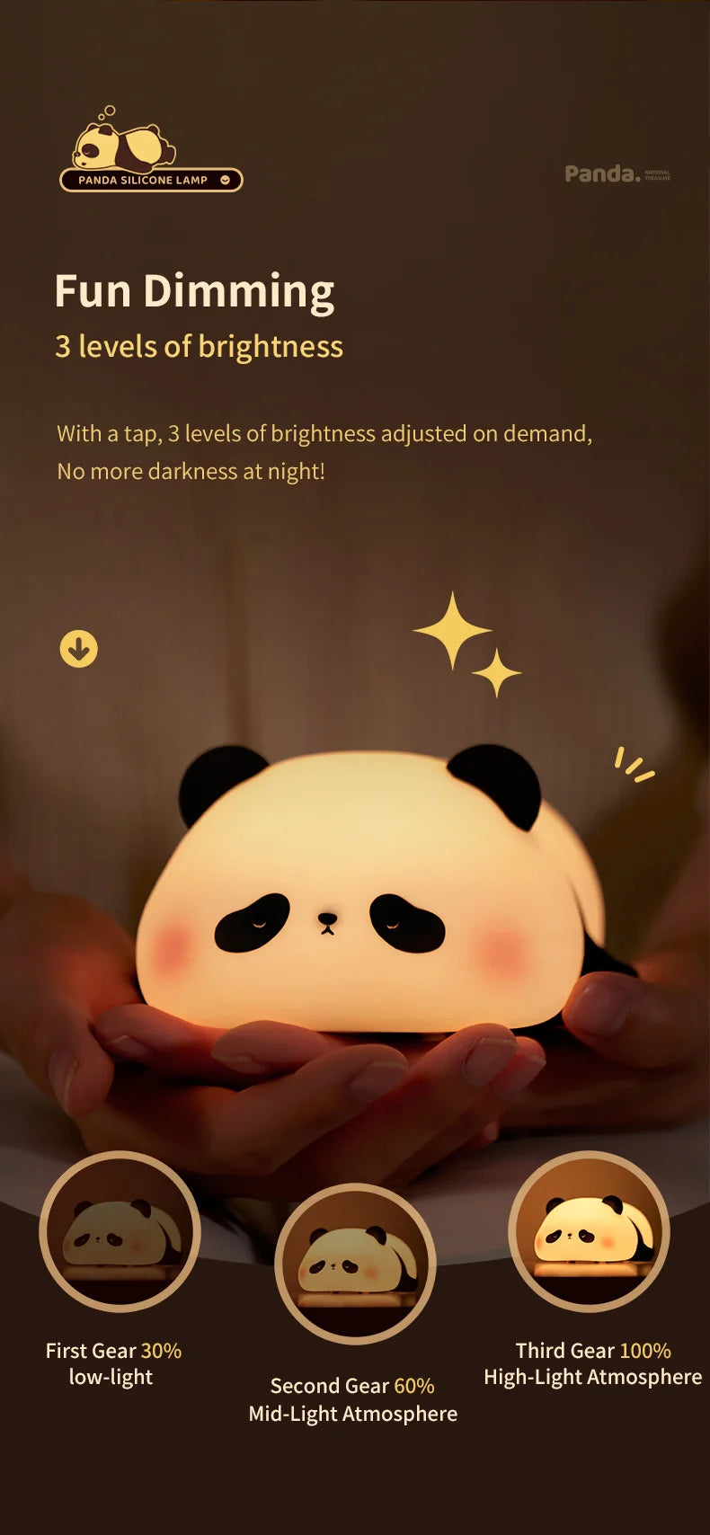 Novo Abajur Mini Panda Com 3 Níveis de Luminosidade